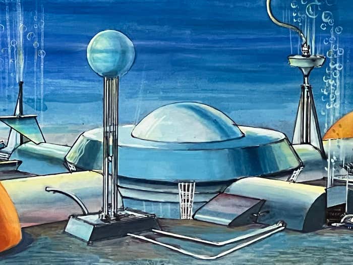 Submarine Dystopia #2 Futuristic Underwater Landscape Gouache