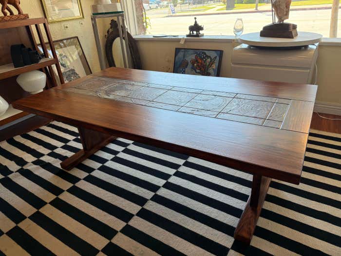 Mid-Century Danish Coffee Table with Rectangular Ceramic Tiles Center Piece