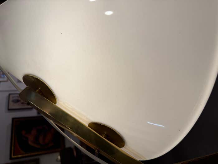 Midcentury Modern Brass Floor Lamp with Plastic Shade in the style of Nikoll