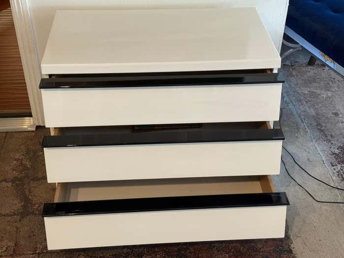 Modern White Lacquered Three-Drawer Dresser with Black Handles