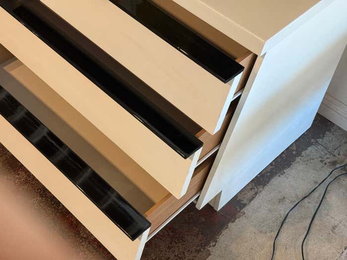 Modern White Lacquered Three-Drawer Dresser with Black Handles