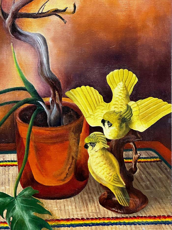 "Two Yellow Parakeets and the Surviving Plant" Oil Painting by Pat Berger