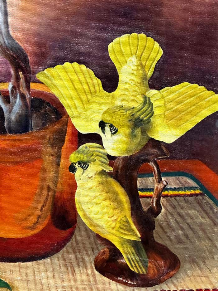 "Two Yellow Parakeets and the Surviving Plant" Oil Painting by Pat Berger