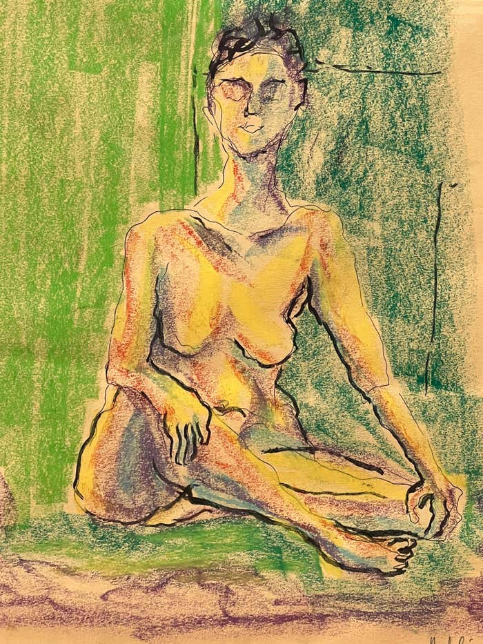 “Nude in the Green Realm” Sitting Woman Portrait - Pastel by Louis Nadalini