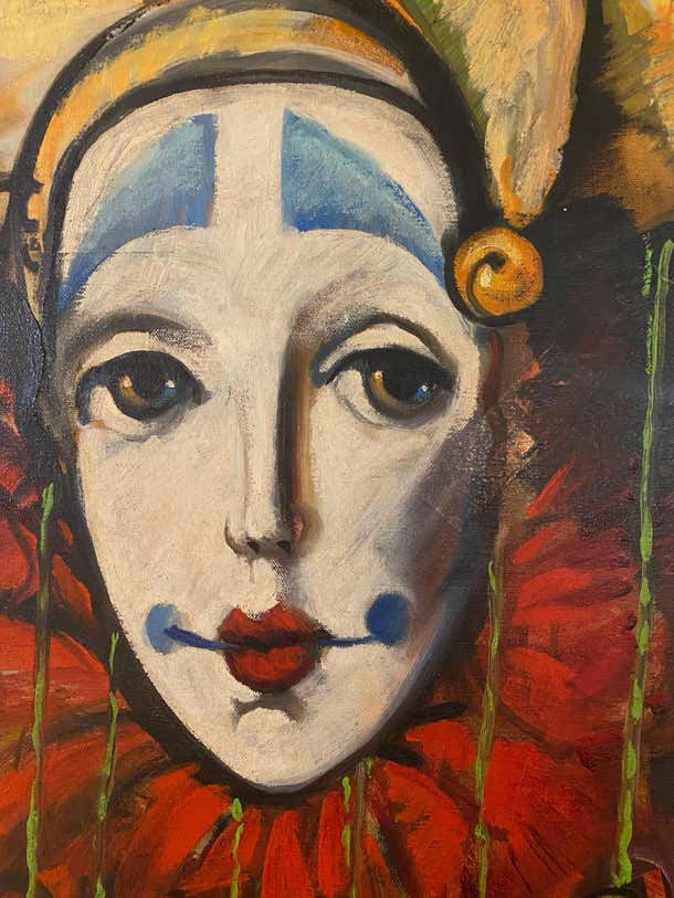 "Two Clowns" Mixed Media and Oil Portrait by Ozz Franca