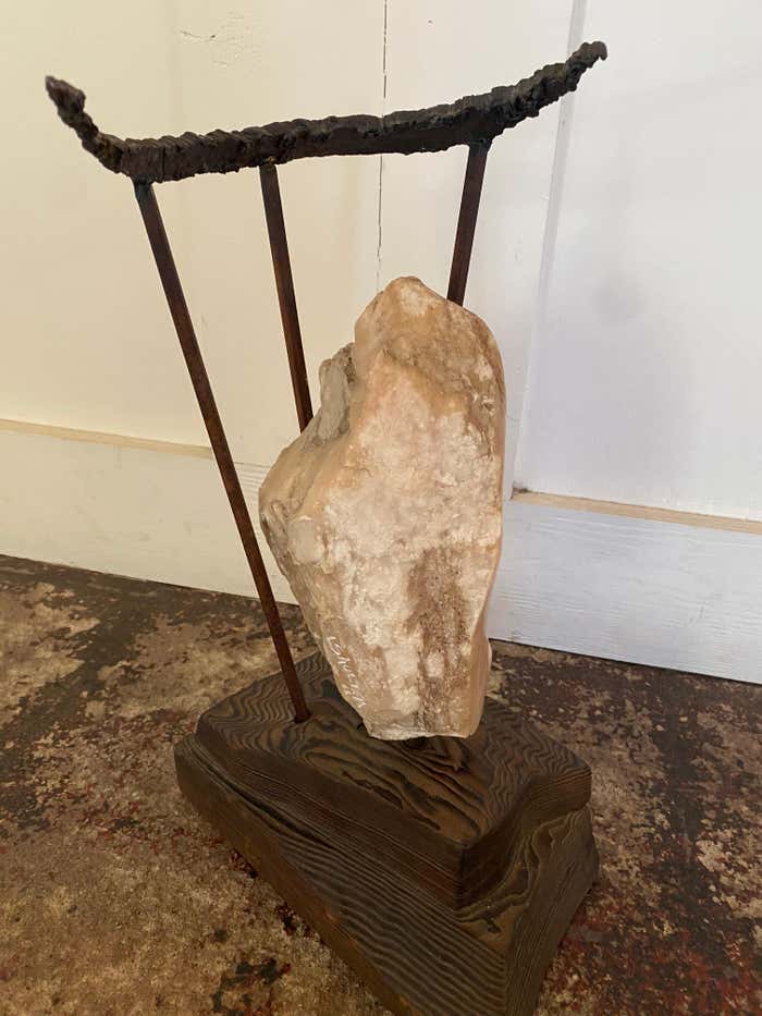 Metal Framed Alabaster Face Sculpture on Wood Base by Leon Saulter