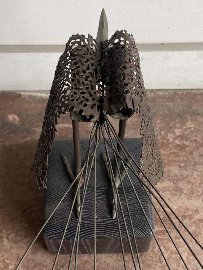 Modern Metal Bird Sculpture on Cerused Oak Base