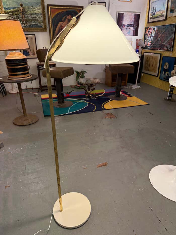 Midcentury Modern Brass Floor Lamp with Plastic Shade in the style of Nikoll