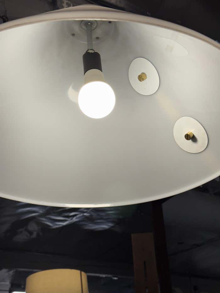 Midcentury Modern Brass Floor Lamp with Plastic Shade in the style of Nikoll