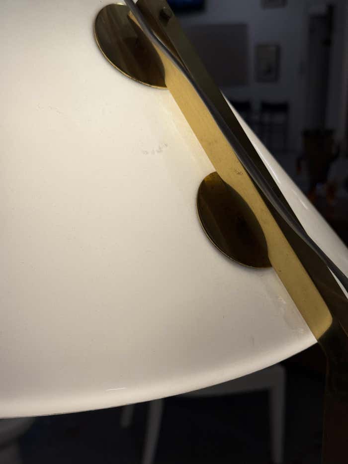 Midcentury Modern Brass Floor Lamp with Plastic Shade in the style of Nikoll