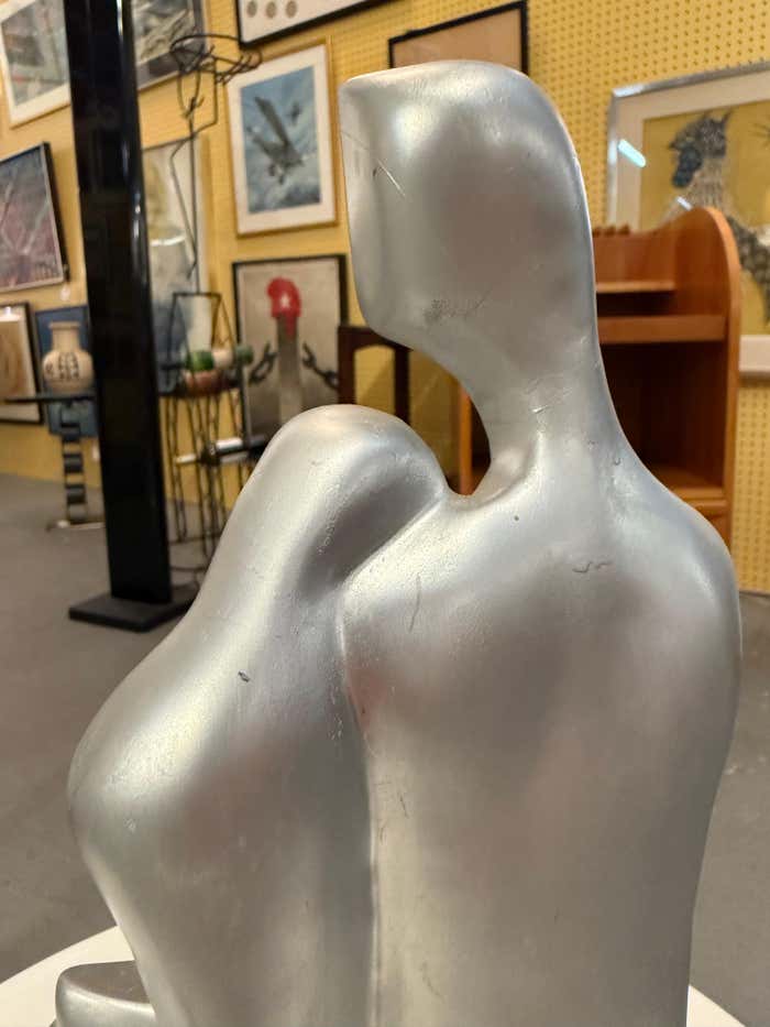 Two Lovers, Silver Plaster Sculpture on Black Plaster Base