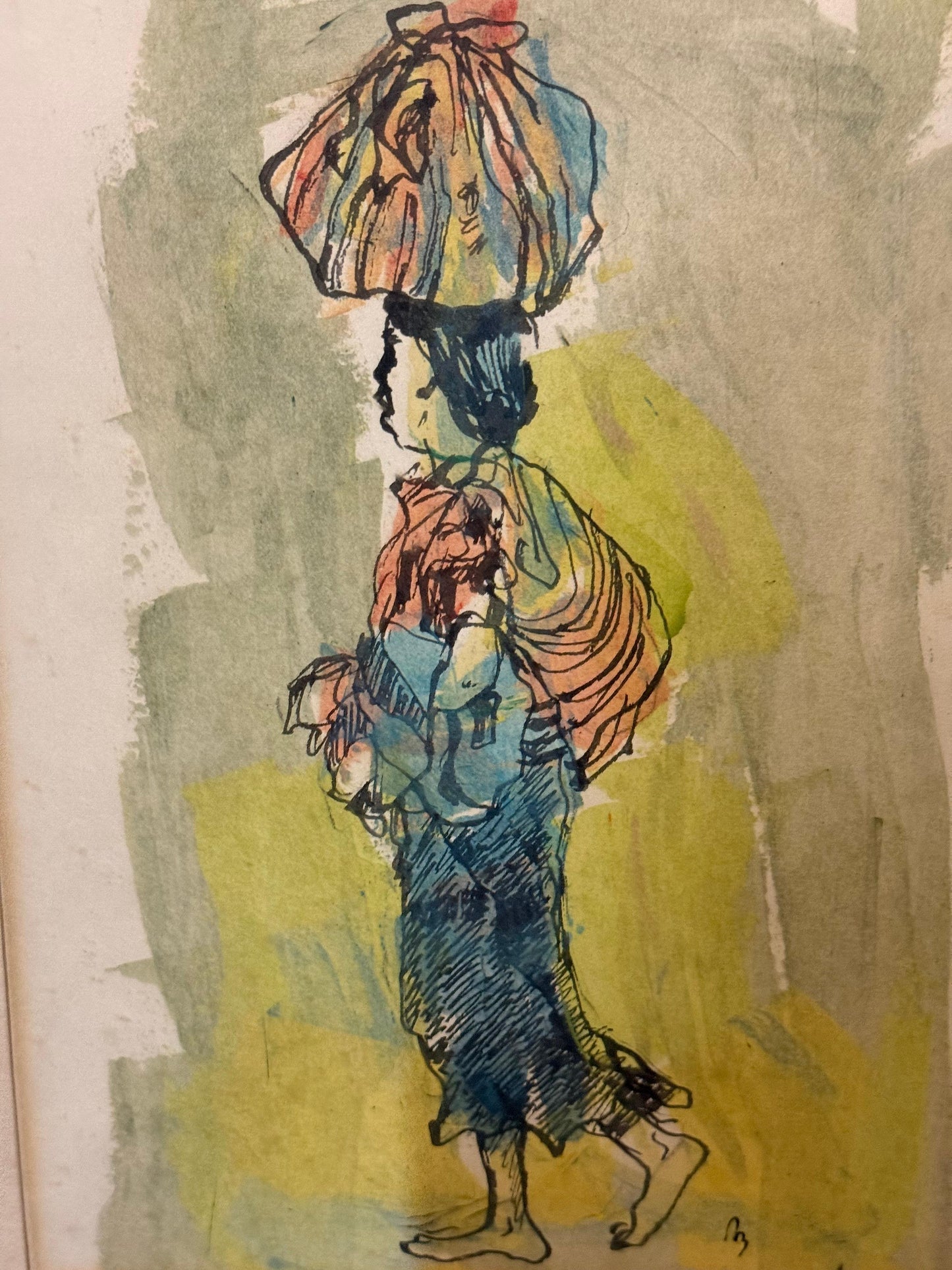 "Draped Nude" Women with Basket Expressionist Watercolor by Ron Blumberg