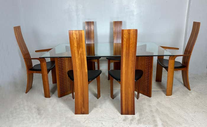 Teak Lattice Trestles Dining Room Glass Top Table