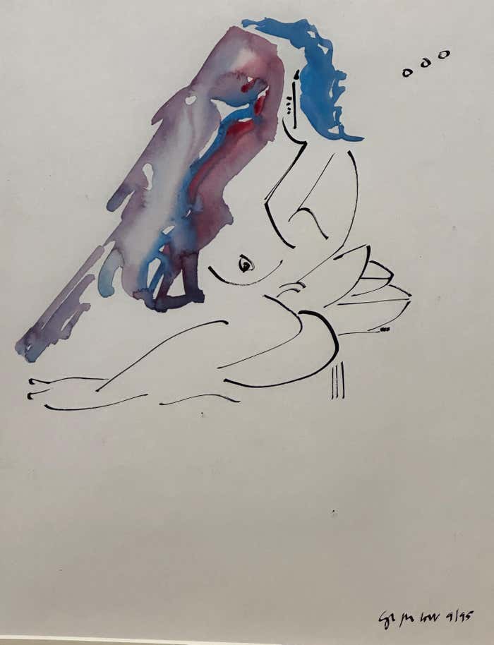 "Blue Hair Woman and a Bird" Minimalist Watercolor #3 by Christopher Paul Cobb