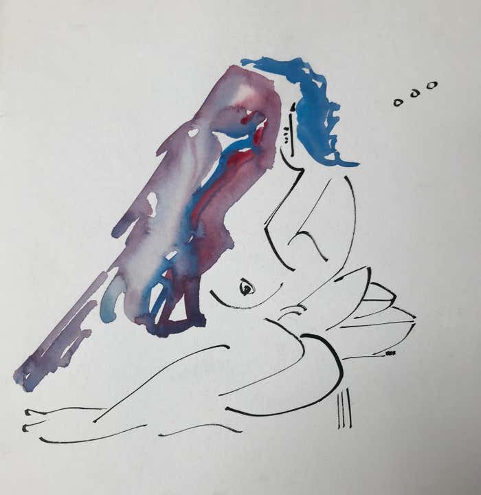 "Blue Hair Woman and a Bird" Minimalist Watercolor #3 by Christopher Paul Cobb