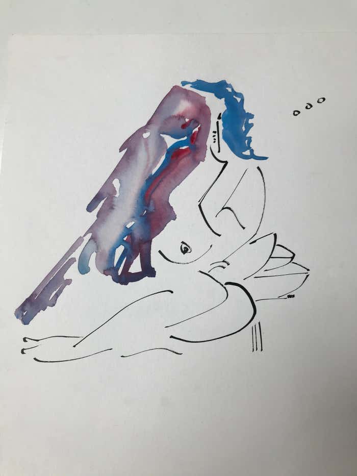 "Blue Hair Woman and a Bird" Minimalist Watercolor #3 by Christopher Paul Cobb