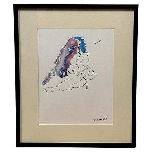 "Blue Hair Woman and a Bird" Minimalist Watercolor #3 by Christopher Paul Cobb