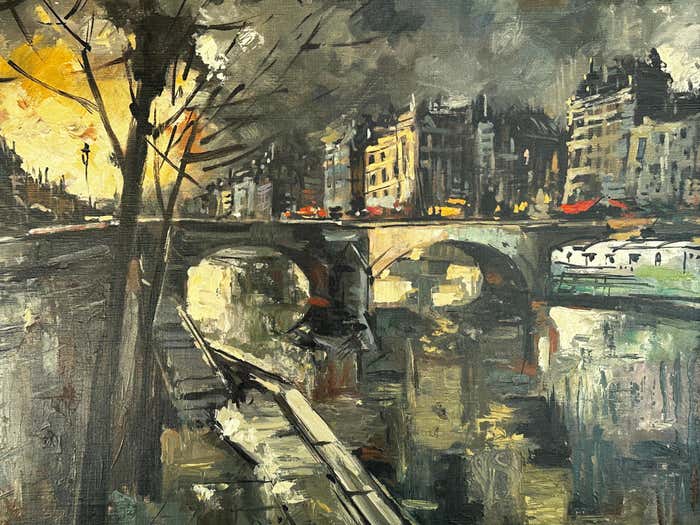 "Embankment of the Seine River" Parisian Cityscape Oil Painting by Pierre Giraud