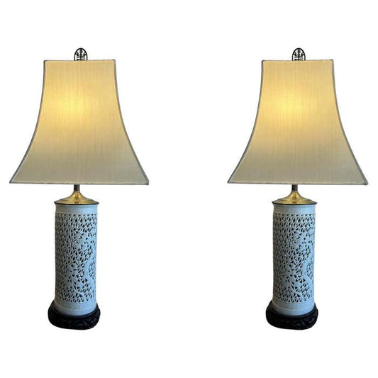 Pair of Perforated Porcelain White Lamps