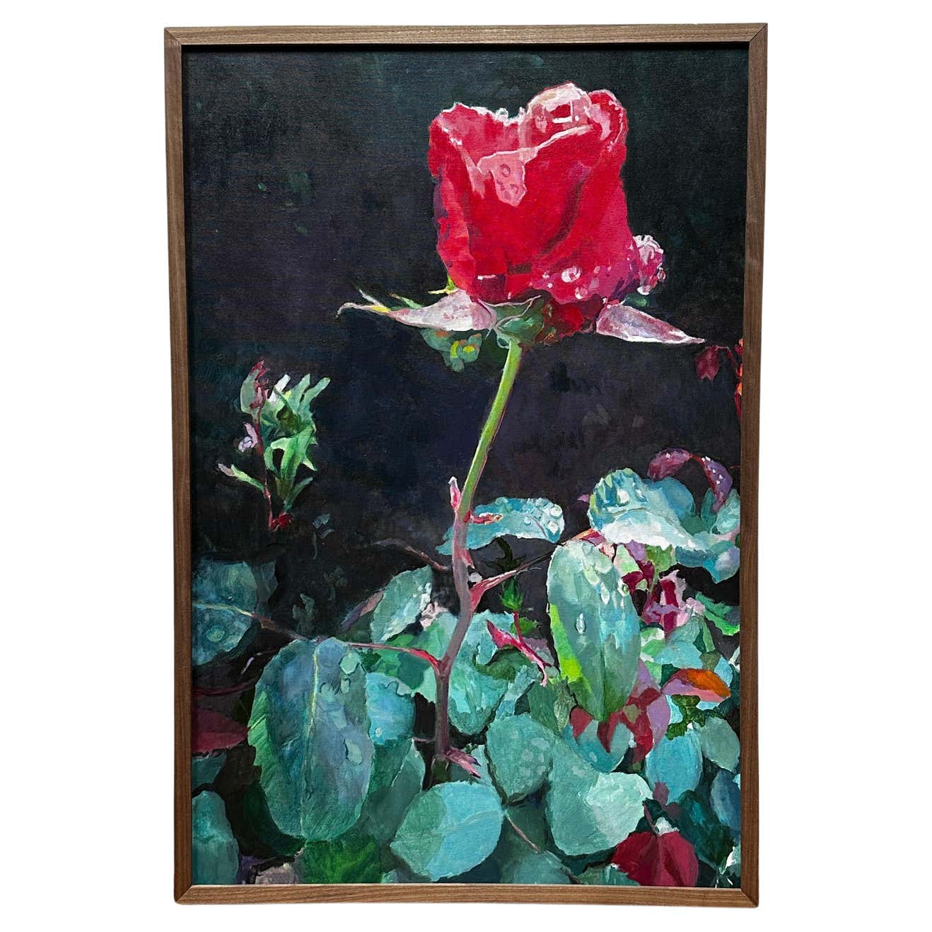 Red Rose on a Black Background Naturalistic Oil on Canvas by Pat Berger
