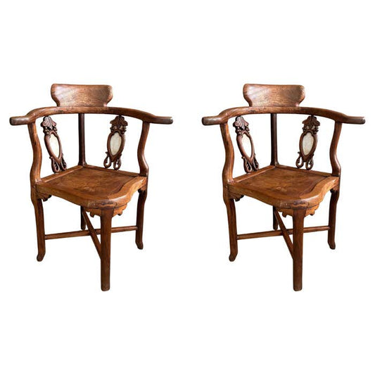 Chinese Rosewood and White Marble Inlay Corner Chair - a Pair