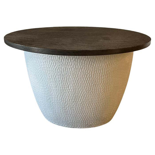 Brutalist Accent Coffee Table with Textured White Concrete Base and Wenge Top