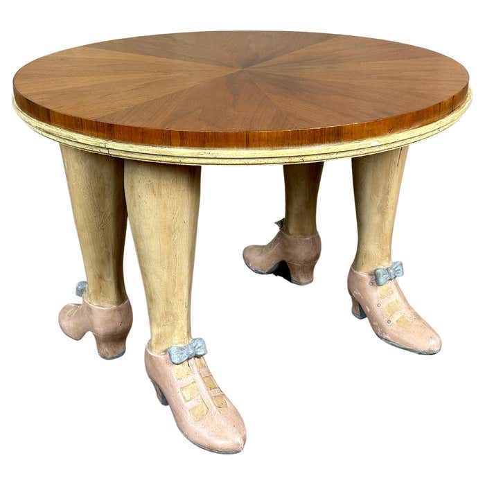 Hand Carved and Painted Folk Art Accent Wood Coffee Table with Pink Shoes