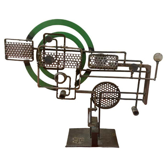 Horizontal Brutalist Green and Metal Abstract Sculpture by Frank Cota