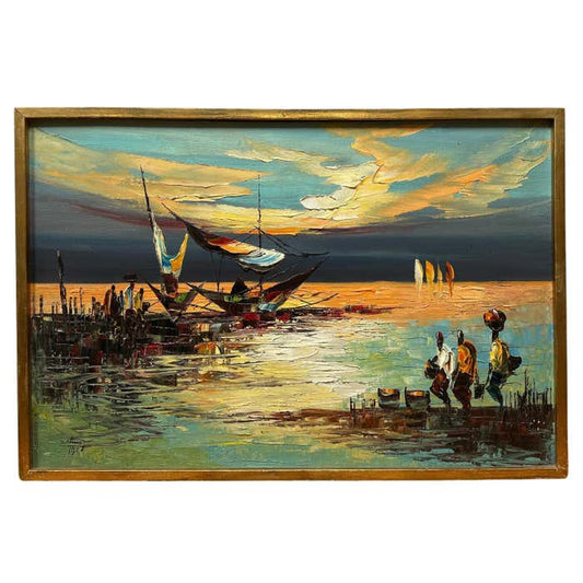 "African Coastal Scene" Expressionist Landscape Oil Painting on Canvas