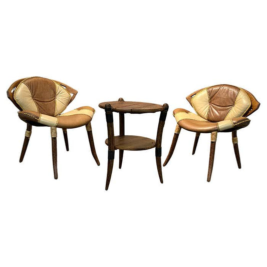 Palm Wood & Leather Zulu Set of Chairs and Table by Pacific Green Manufacture