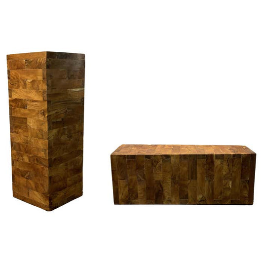 Mid-Century Pair of Brutalist Mixed Wood Grain Pedestals/Benches
