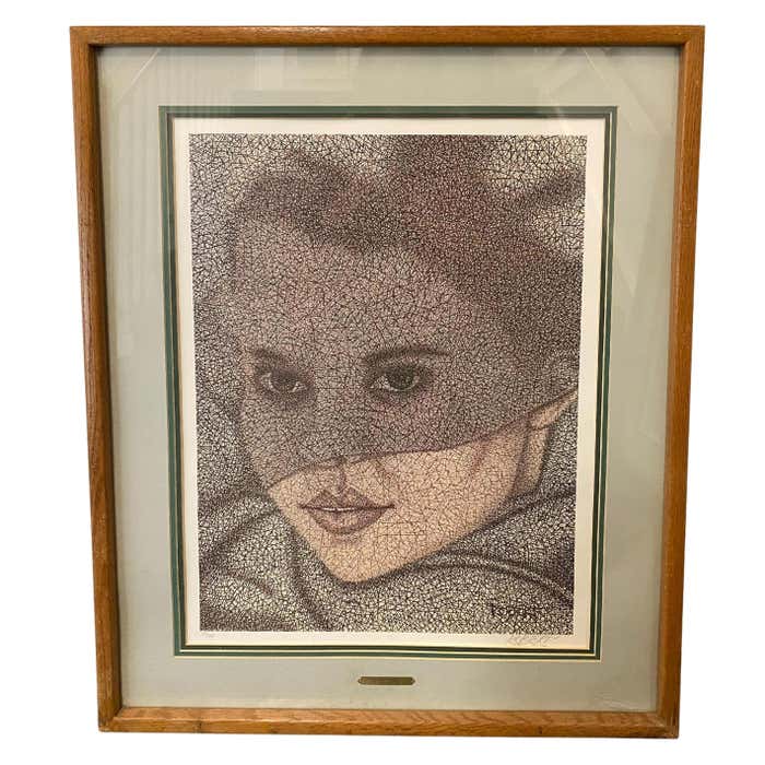 "Under the Veil" Midcentury Portrait Lithograph by Robert