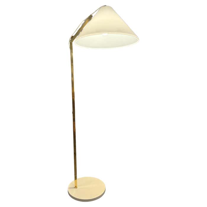 Midcentury Modern Brass Floor Lamp with Plastic Shade in the style of Nikoll