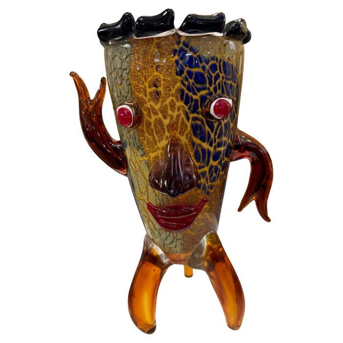 Abstract Face Sculpture in Murano-Style Art Glass