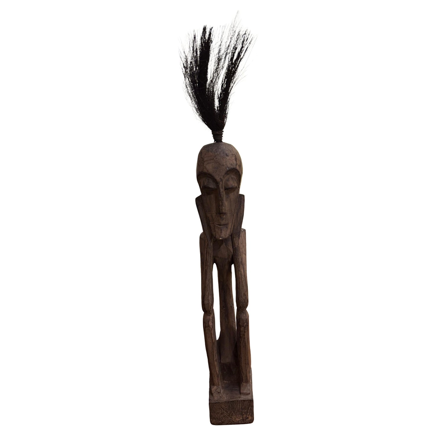 Hand-Carved Tribal Ancestral Figure with Horsehair Topknot