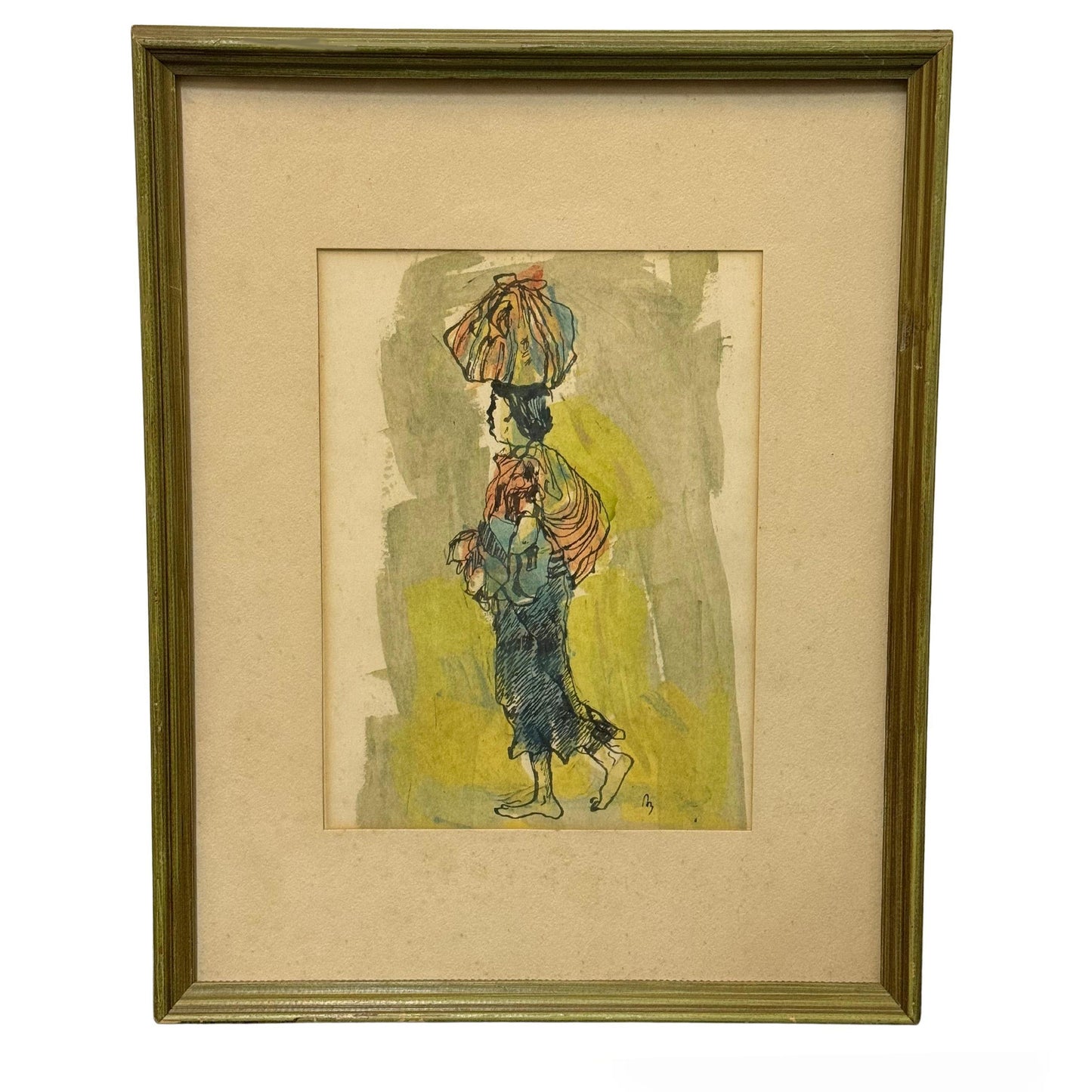 "Draped Nude" Women with Basket Expressionist Watercolor by Ron Blumberg