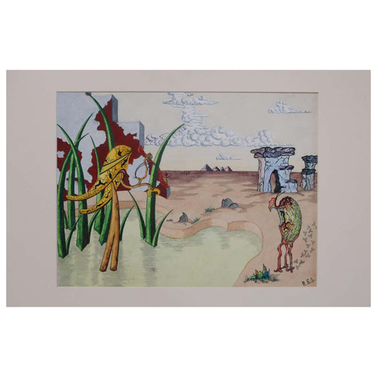 Surrealist Landscape Watercolor Signed R. E. Schwelke and Dated 1947