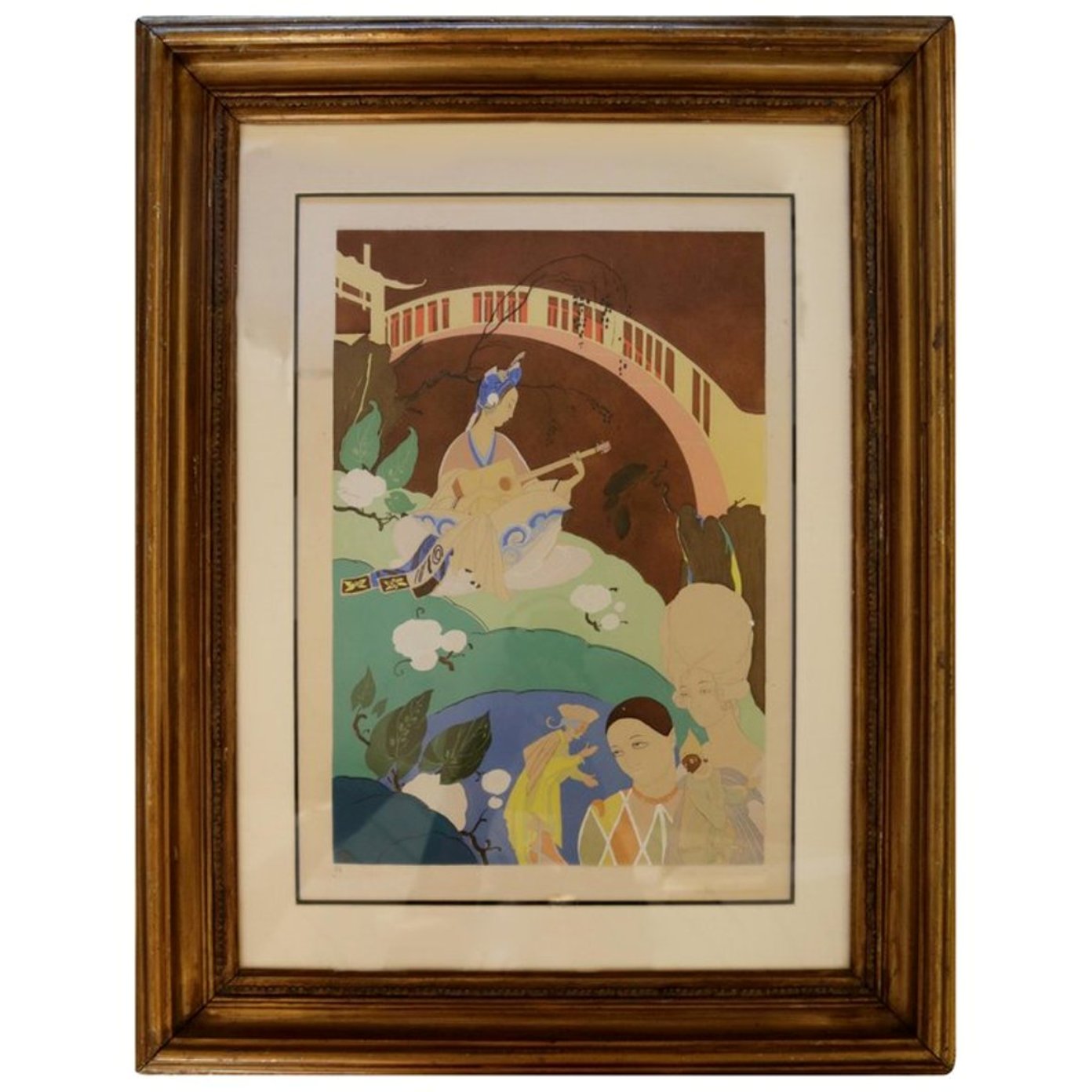Oriental Lithograph and Watercolor by Umberto Brunelleschi
