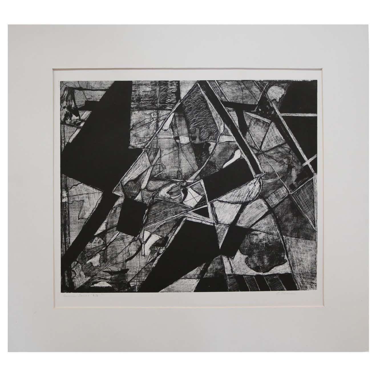 "Summer Series 2/6" Black and White Abstract Lithograph Signed L. Siekman