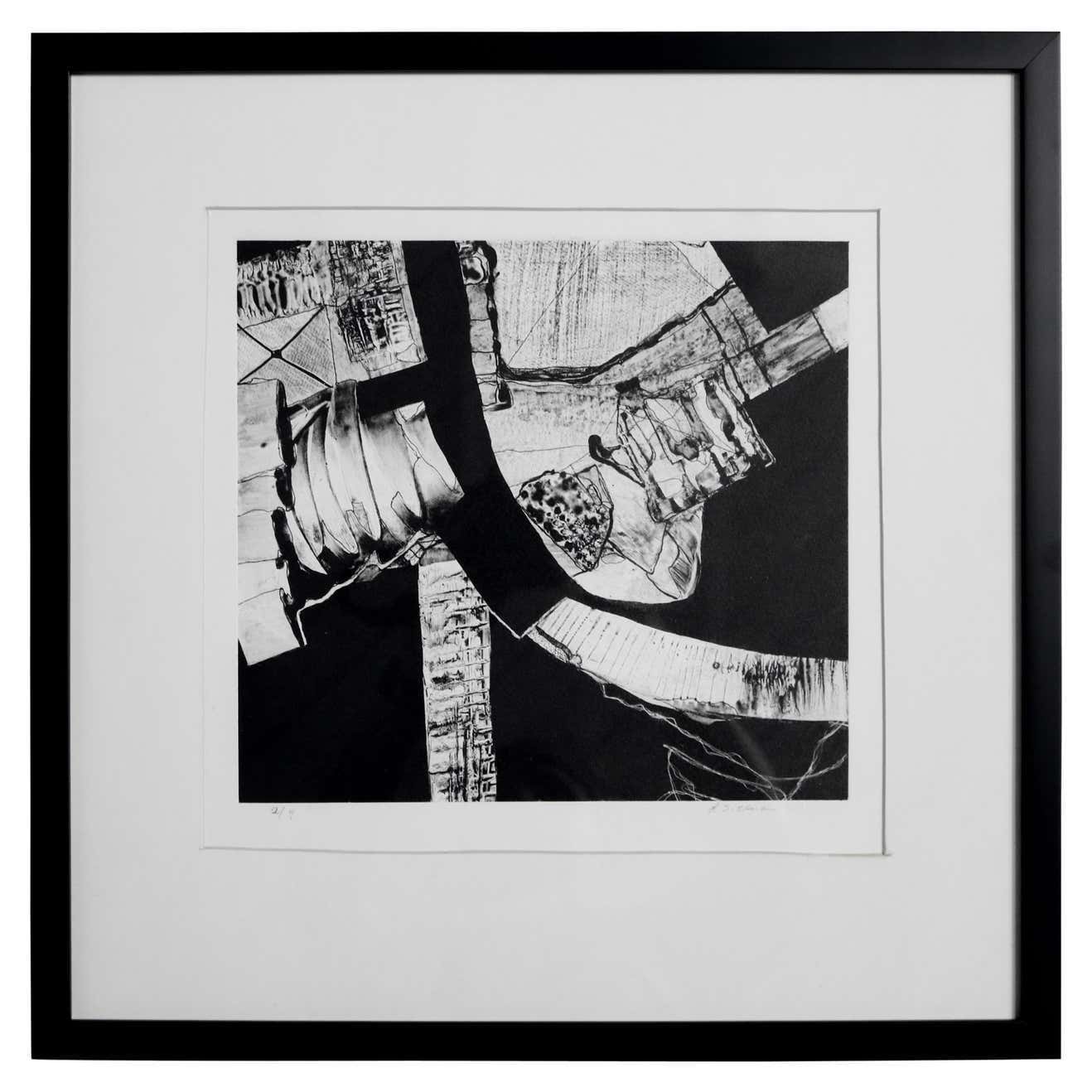 Graphic Abstract Black & White Lithograph Signed L. Siekman