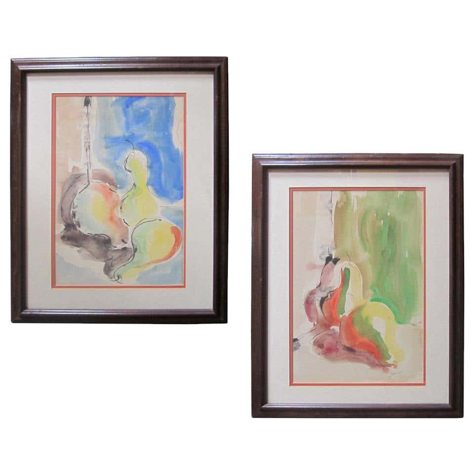 Watercolor Abstract Expressionist Still Lifes, Pair