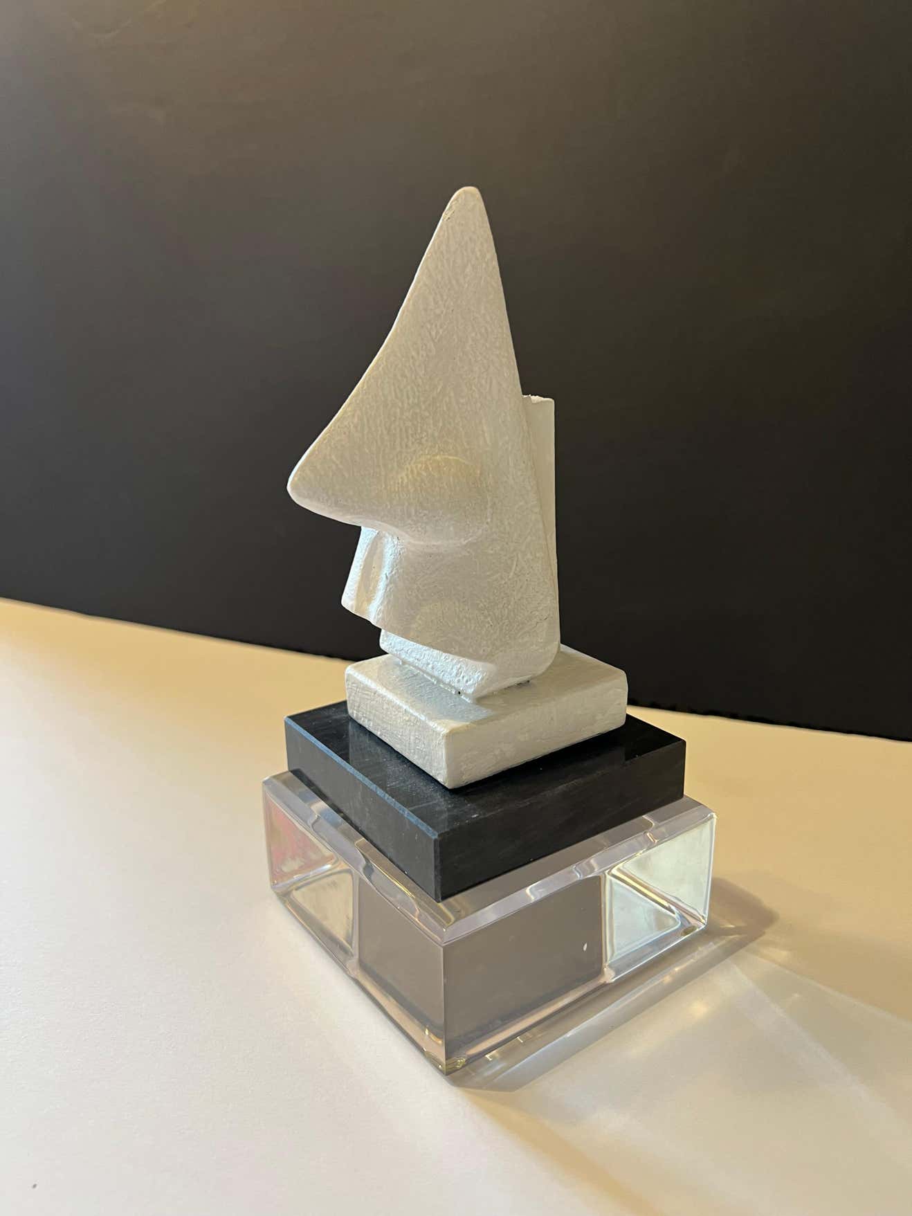"The Nose" White Modern Plaster Sculpture on a Lucite and Black Marble