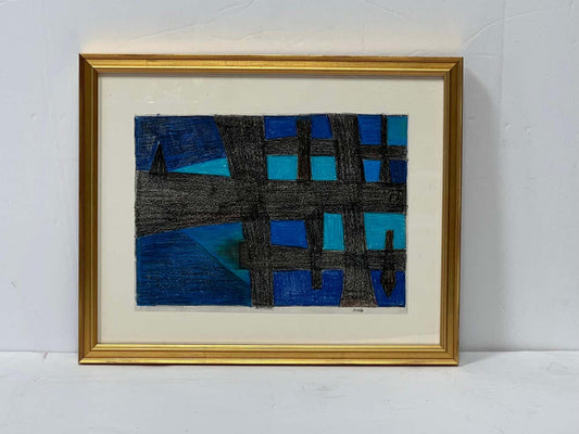Black and Blue Abstract Pastel Drawing by Amalia Schulthess in Gold Frame