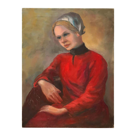 Portrait of a Blonde Girl in a Red Dress Wearing a White Beanie, Oil on Canvas