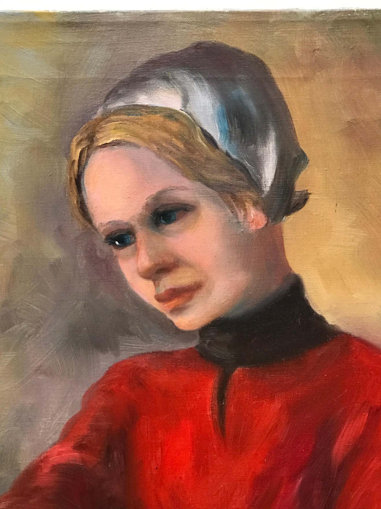 Portrait of a Blonde Girl in a Red Dress Wearing a White Beanie, Oil on Canvas