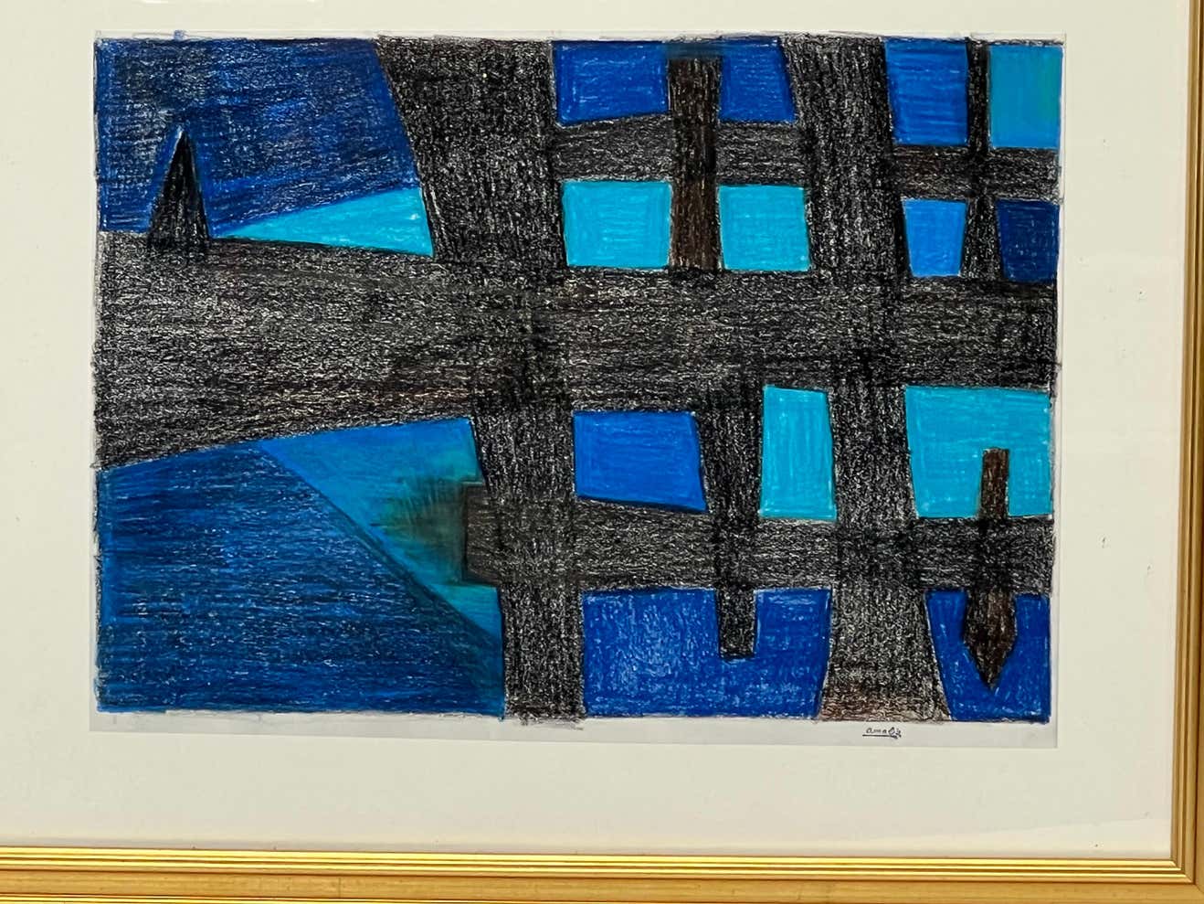 Black and Blue Abstract Pastel Drawing by Amalia Schulthess in Gold Frame