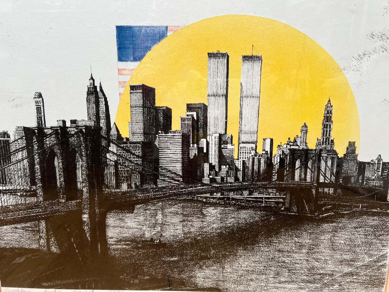 "Brooklyn Bridge Sunset" Woodblock Print by Lorenz
