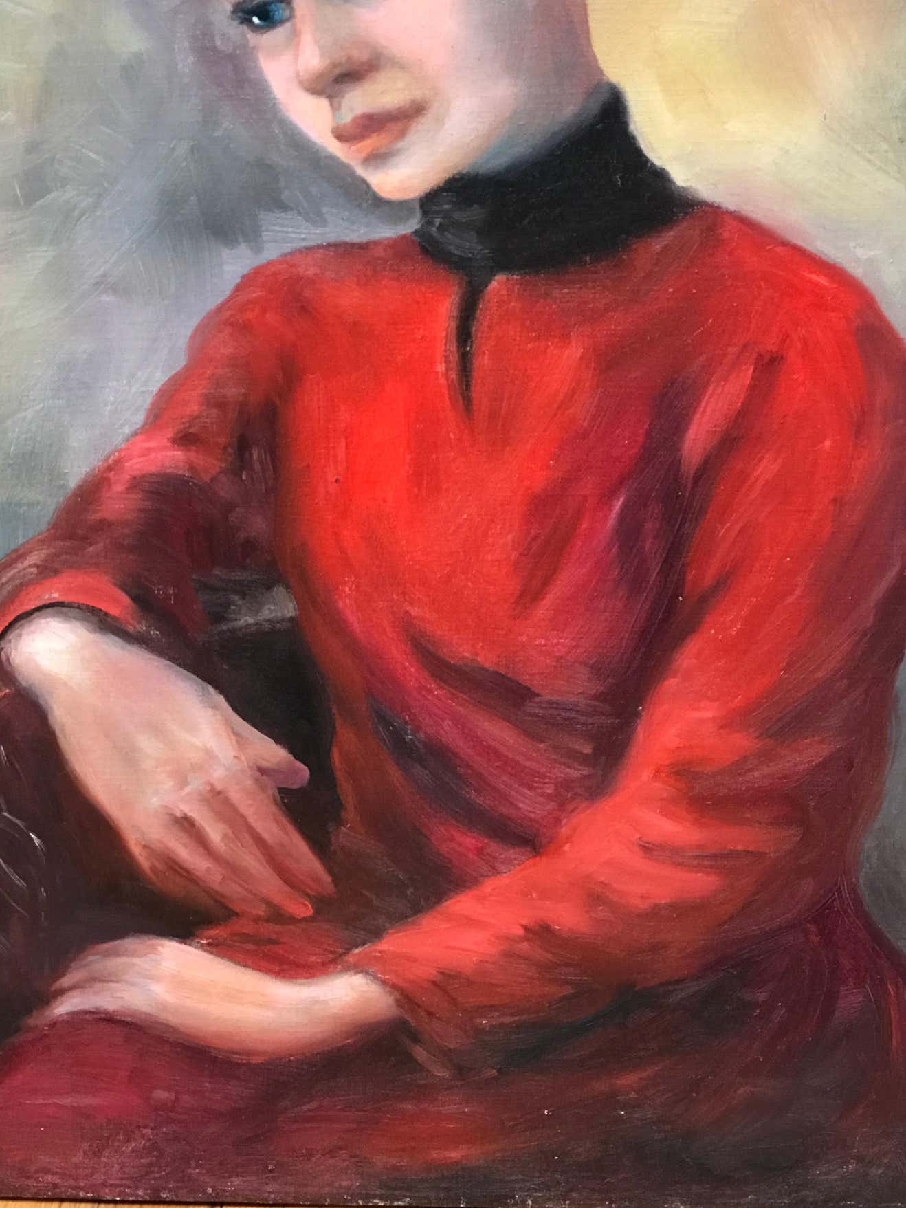 Portrait of a Blonde Girl in a Red Dress Wearing a White Beanie, Oil on Canvas