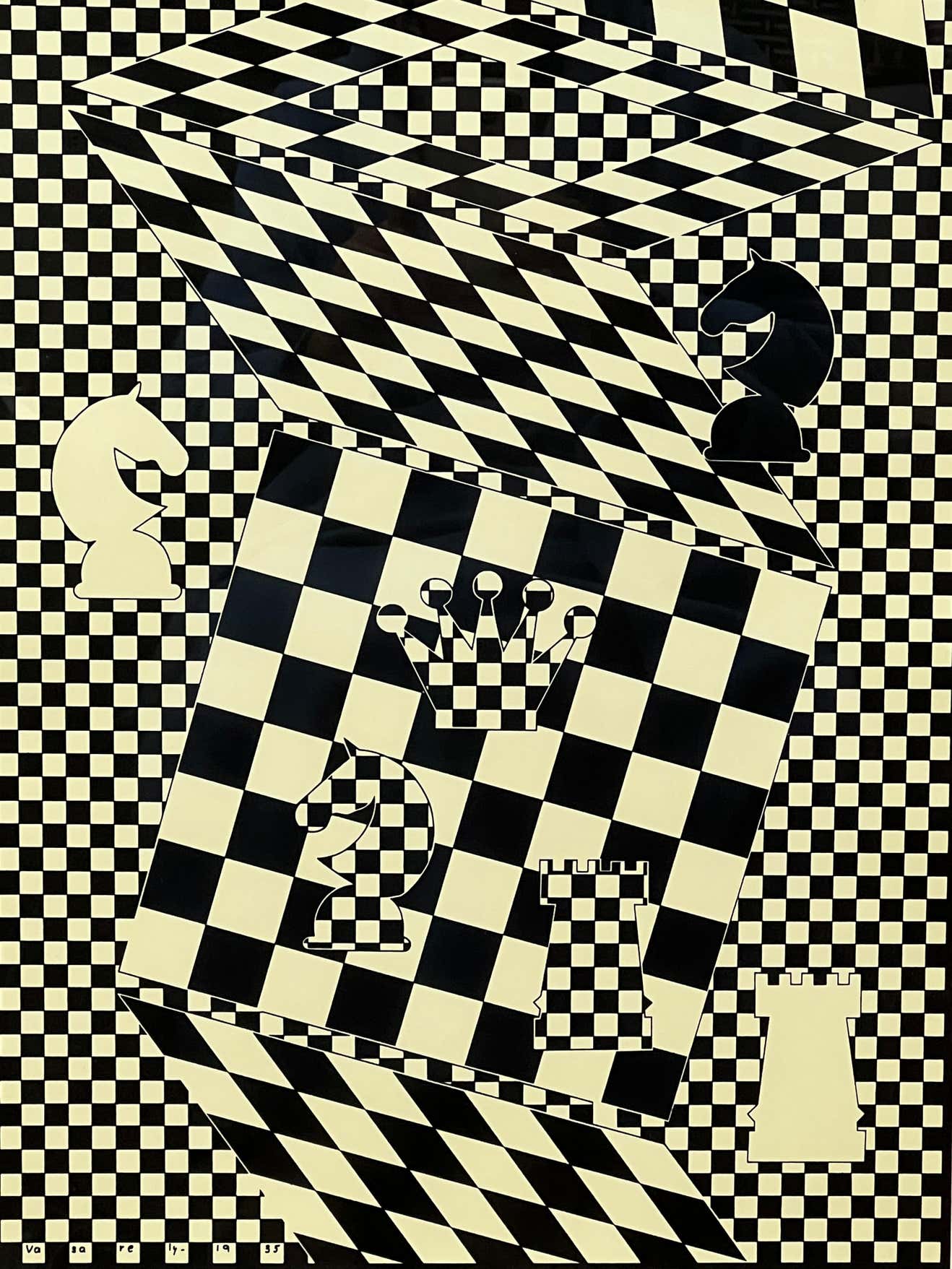 Black and White Lithograph "L'echiquier" (the Chessboard) by Victor Vasarely