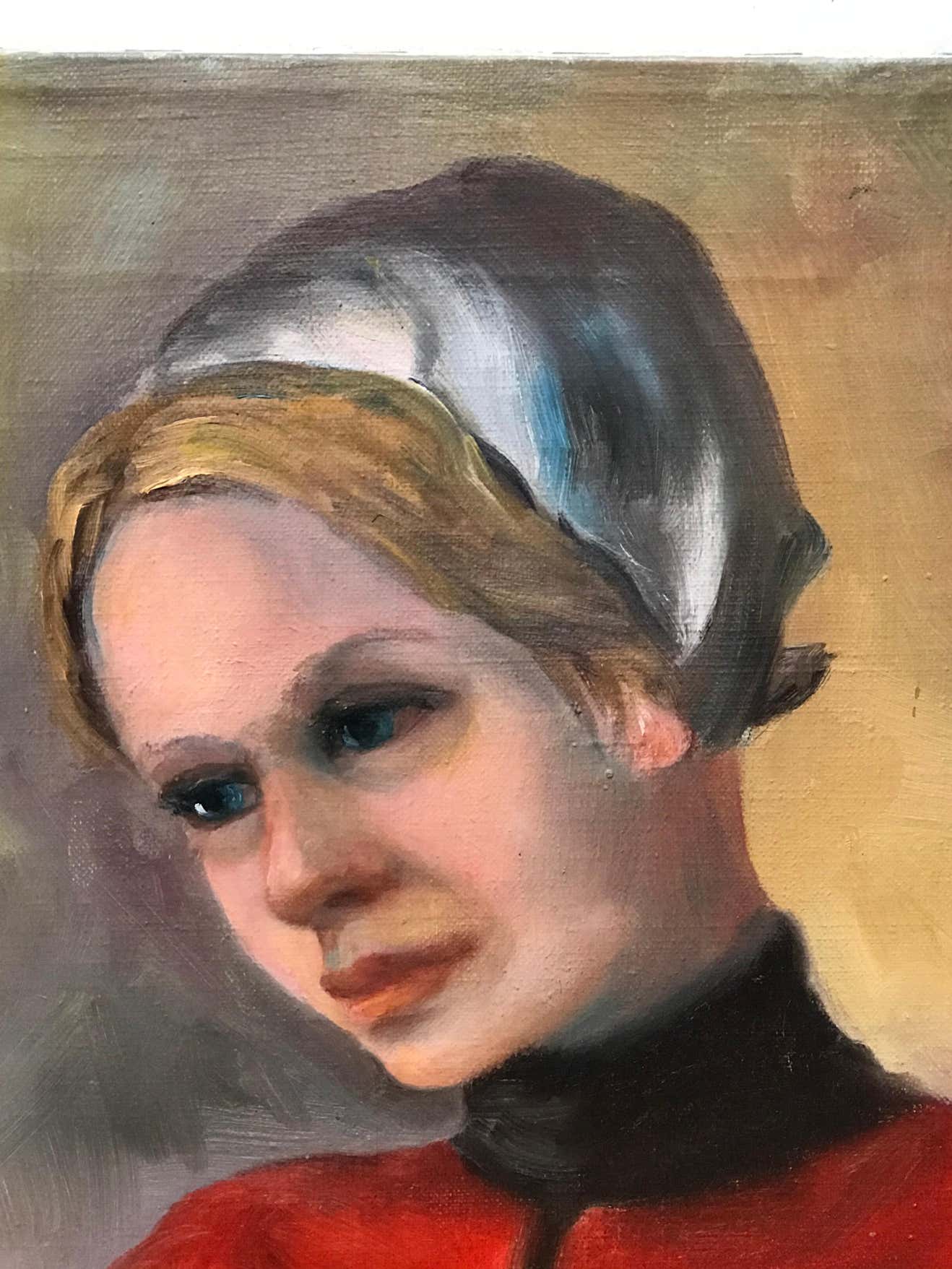 Portrait of a Blonde Girl in a Red Dress Wearing a White Beanie, Oil on Canvas